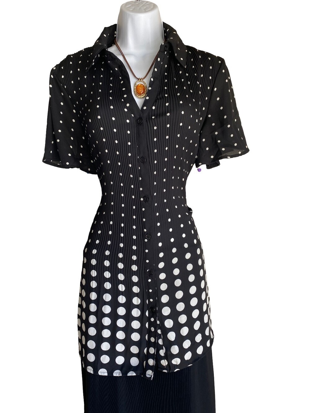 VTG Woman Within Plus 14/16 Black White Polka Dot Button Up Tunic Blouse Fall